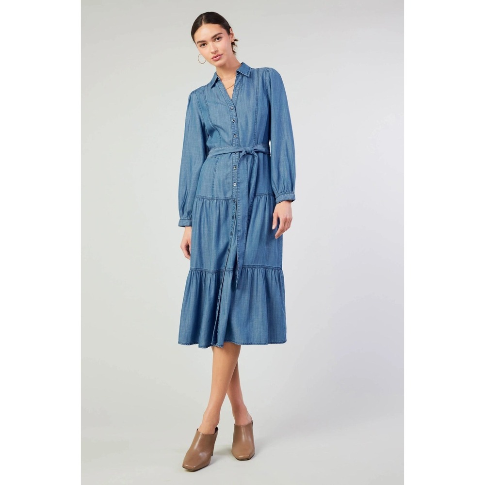 CURRENT AIR Anthro Sz S‎ Blue Chambray Long Sleeve Midi Shirt Dress Boho Lyocell